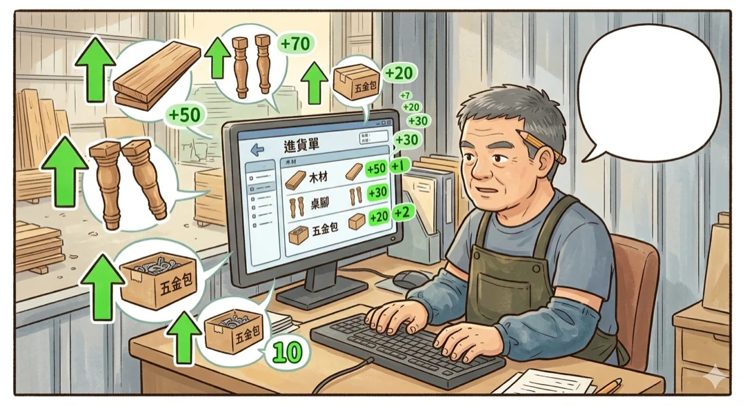 老張在工廠電腦開進貨單，把木板、桌腳、五金包入庫，零件庫存增加
