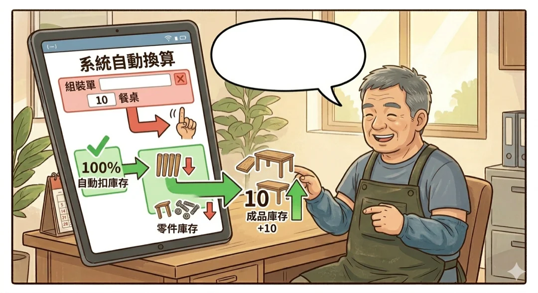老張開組裝單做 10 張餐桌，系統自動扣零件庫存、加成品庫存