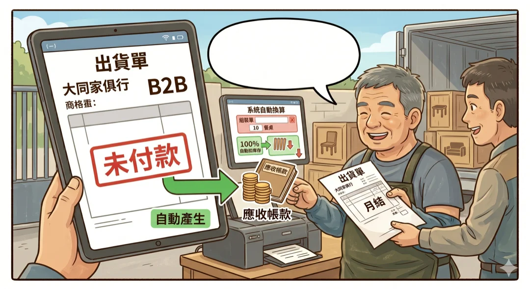 老張開出貨單給家俱行，掛未付款月結，系統自動產生應收帳款