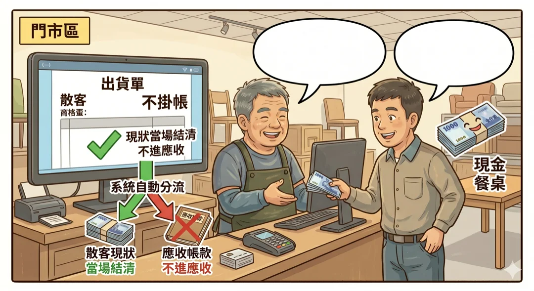 門市散客搬餐桌付現金，老張開出貨單未指定客戶，系統自動當場結清不掛帳