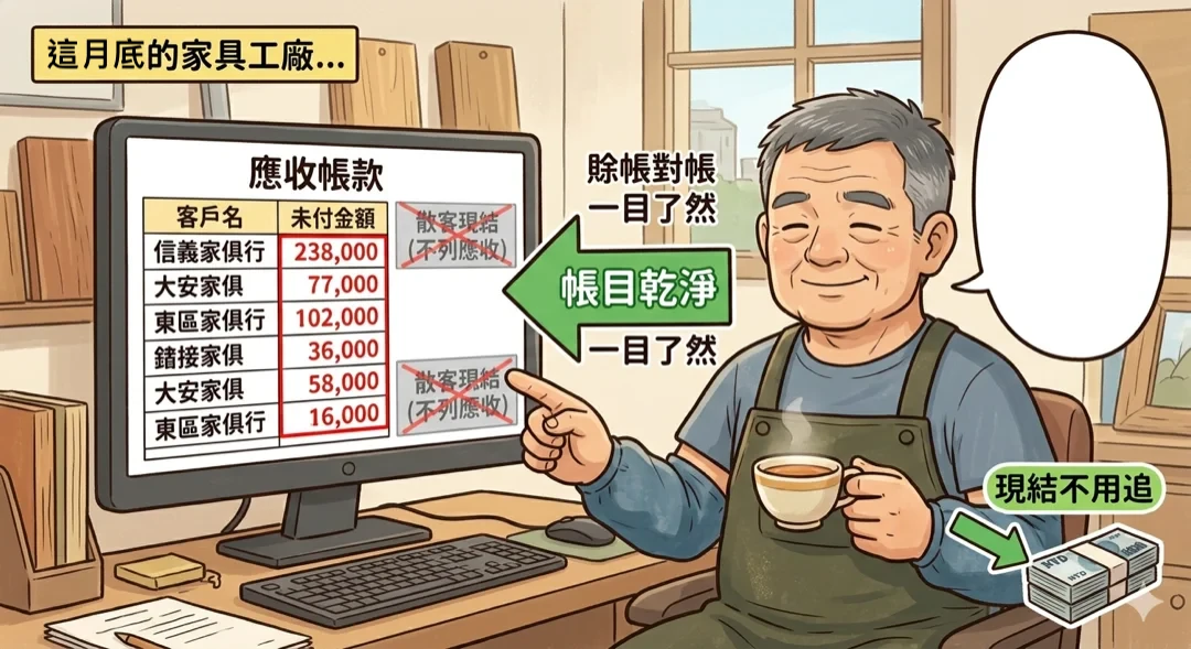 月底老張看應收帳款，各家俱行欠款一目了然，散客早已結清，帳目乾淨