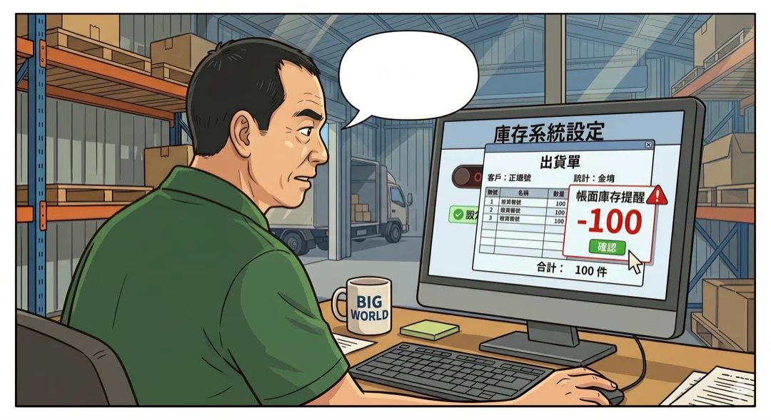 大華開 100 箱出貨單並確認，螢幕跳出帳面庫存 −100 紅色提醒
