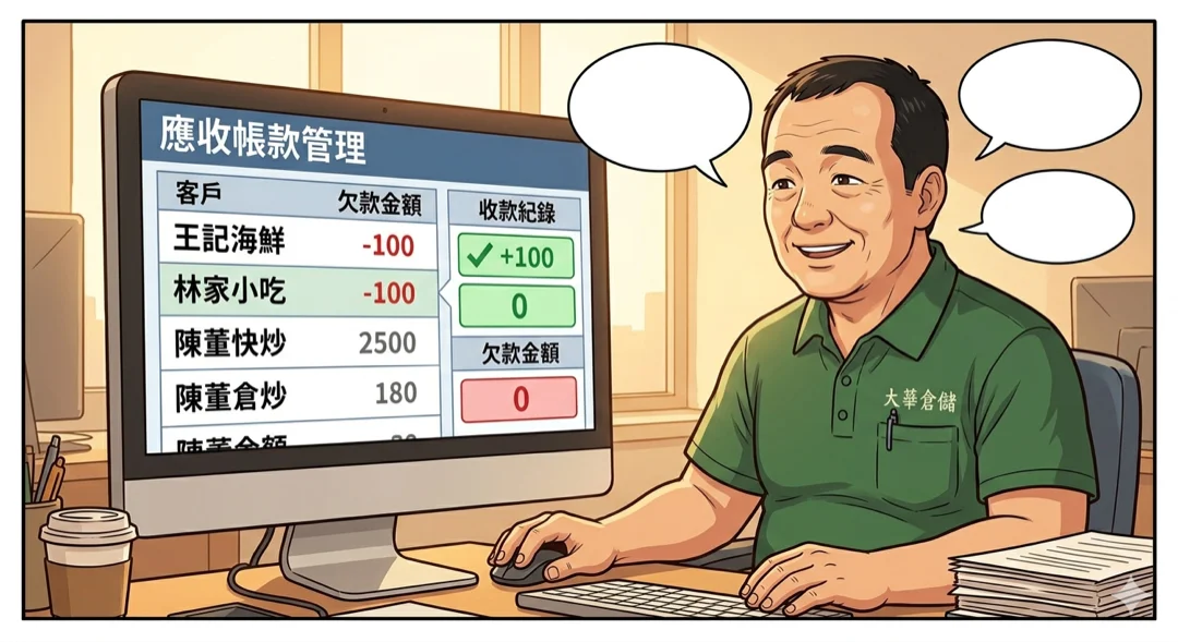 月底大華在電腦看應收帳款，依客戶列出欠款，登記收款後歸零