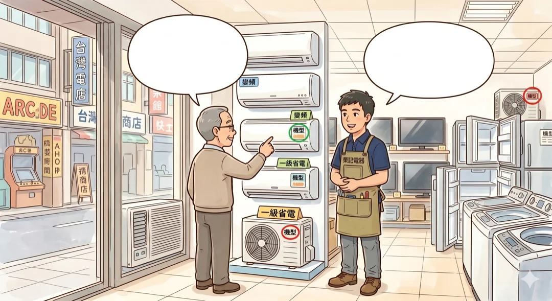 客戶上門電器行看分離式冷氣，阿榮在旁介紹