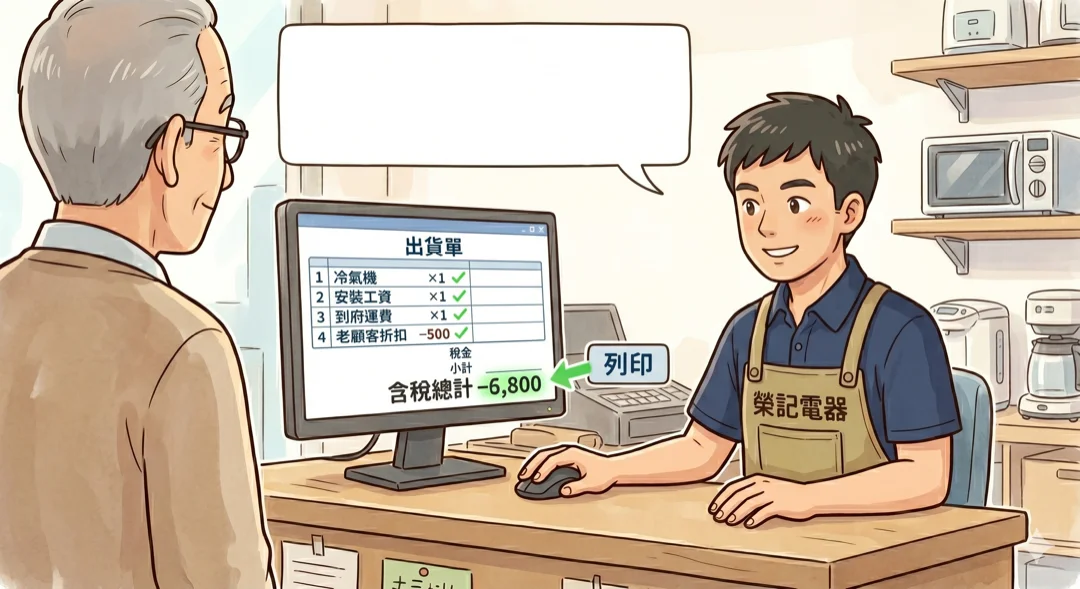 阿榮在電腦開出貨單，冷氣、安裝工資、運費、折扣四行，系統自動算稅列印