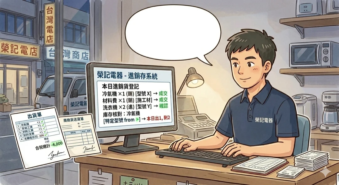 阿榮回店在電腦整理當天進貨與出貨、核對庫存