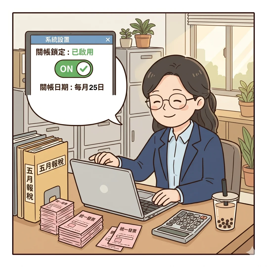 Linda 報完稅後在系統設定把關帳日設為每月 10 號、開啟關帳鎖定