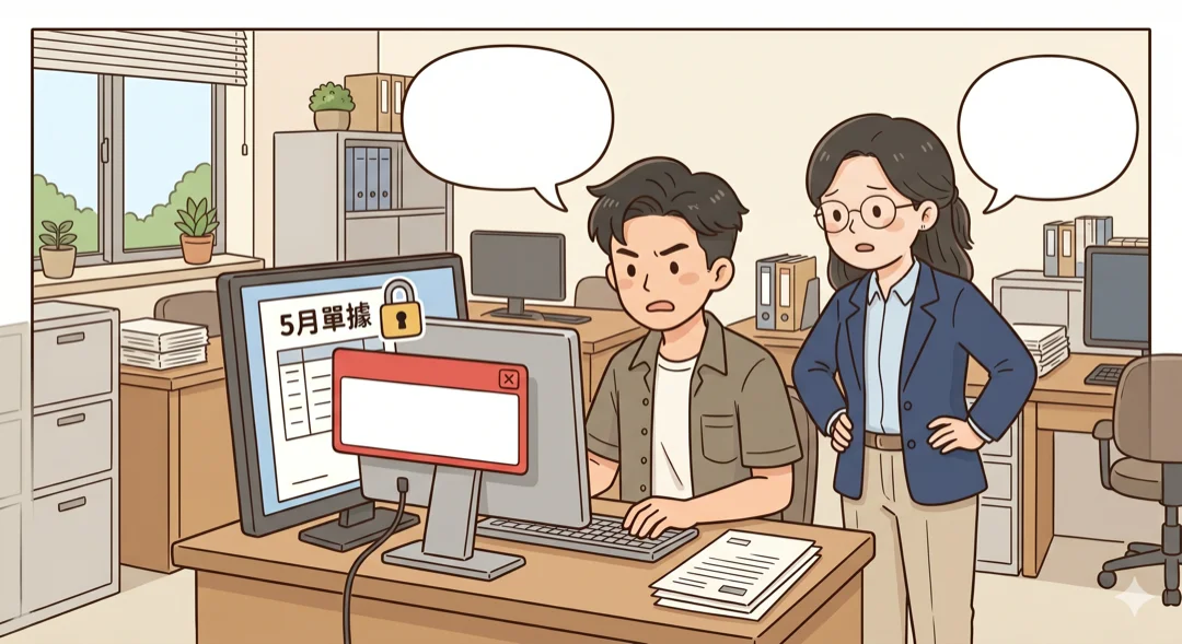 同事想修改 5 月舊單，系統跳紅字「此月份已關帳，無法修改」並顯示鎖頭