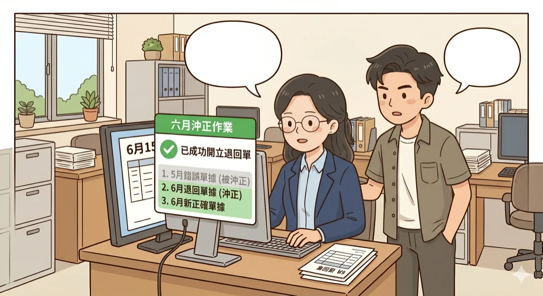 Linda 示範在 6 月開退回單沖正錯誤、再開正確的單據