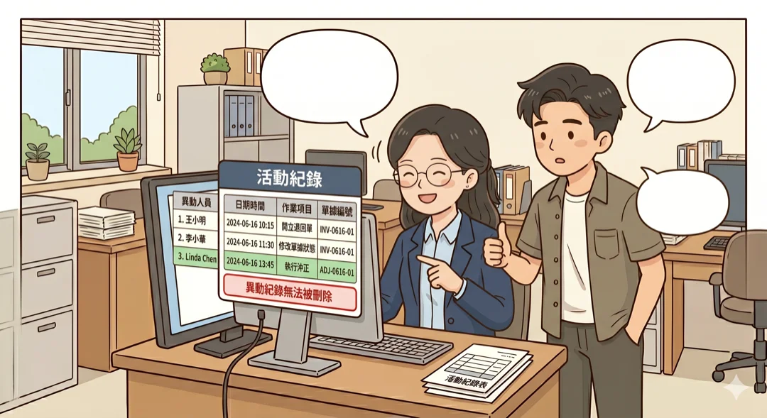 Linda 打開活動紀錄，列出誰在何時做了什麼，異動紀錄無法被刪除