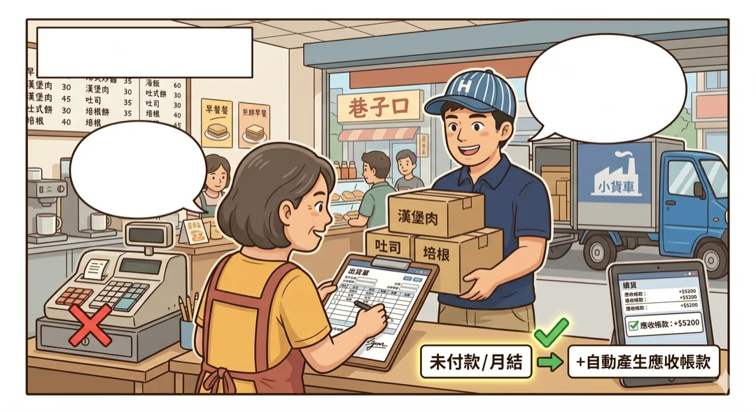 阿宏送貨到巷子口早餐店，老闆娘在送貨單簽收，自動產生月結應收