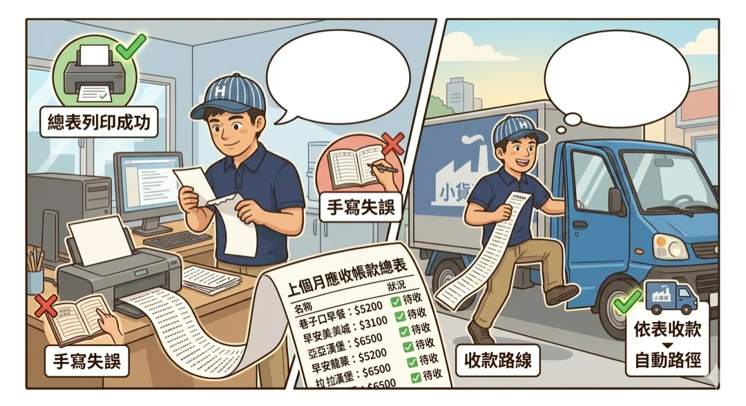 月初系統印出上個月應收帳款總表，阿宏拿著清單當收款路線