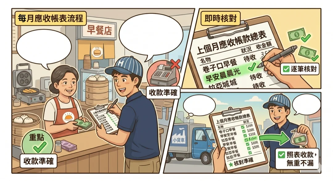 阿宏沿路在早餐店收現金，當場在紙本總表上打勾核對